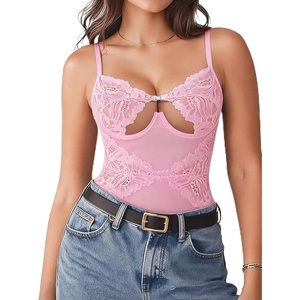Avidlove Women Deep V Lace Teddy Bodysuit Sexy One Piece Lingerie Sheer Mini Babydoll(Pink)