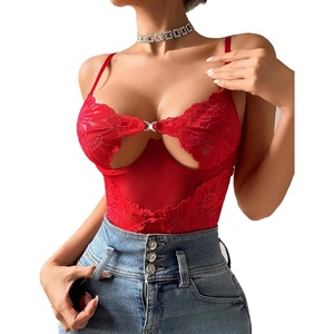 Avidlove Women Deep V Lace Teddy Bodysuit Sexy One Piece Lingerie Sheer Mini Babydoll(Red)