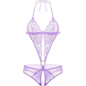 Avidlove Women Deep V Lingerie Lace Teddy One Piece Babydoll Mini Bodysuit(Lilac)