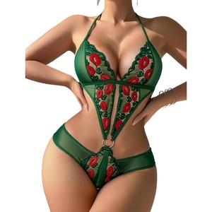 Avidlove Women Deep V Lingerie Lace Teddy One Piece Babydoll Mini Bodysuit(Red Lips-green)