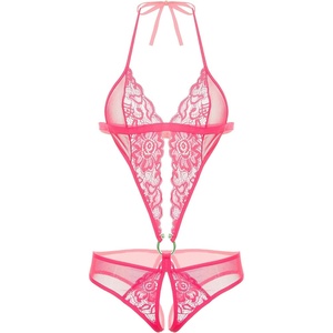 Avidlove Women Deep V Lingerie Lace Teddy One Piece Babydoll Mini Bodysuit(Rose Red)