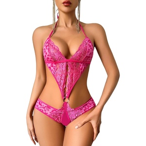 Avidlove Women Deep V Lingerie Lace Teddy One Piece Babydoll Mini Bodysuit(Rose Red Leopard Print)