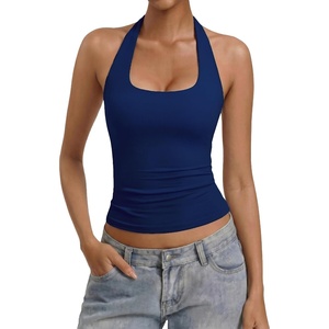Avidlove Women Halter Tank Tops Sexy Backless Ruched Fitted Double Lined Going Out Top 2026 Summer(Navy Blue)