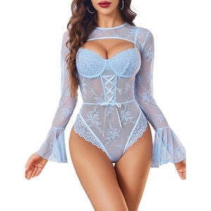 Avidlove Women Lace Bodysuit with Crop Top Sexy Going Out Bodysuit Floral Lace Lingerie Set Sexy Rave Outfits(Light Blue)