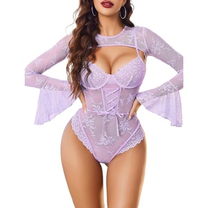 Avidlove Women Lace Bodysuit with Crop Top Sexy Going Out Bodysuit Floral Lace Lingerie Set Sexy Rave Outfits(Light Purple)