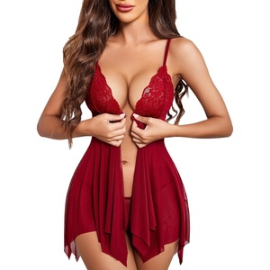 Avidlove Women Lace Lingerie Front Closure Babydoll V Neck Nightwear Sexy Chemise Nightie(A Deep Red)
