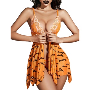Avidlove Women Lace Lingerie Front Closure Babydoll V Neck Nightwear Sexy Chemise Nightie(Halloween Bat Print)