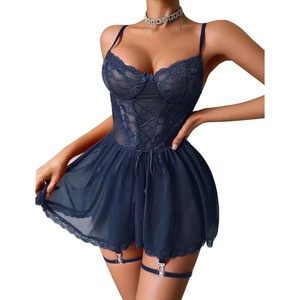 Avidlove Women Lace Mesh Babydoll Lingerie Set with Garter Belt | 4 piece set, includes thong & garter belt, lace corset bodice, adjustable straps, S-4XL(Navy Blue)