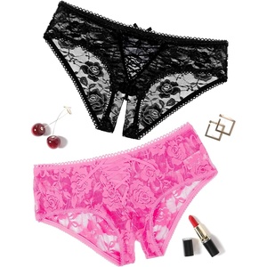 Avidlove Women Lace Panties Floral Lace Briefs Sexy Hollow Out Underwear Crisscross Strappy Boyshorts(Black+pink)