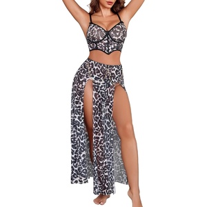 Avidlove Women Lingerie Babydoll Chemise 3 Piece Set Mesh Side Split Nightgown(Leopard Print)