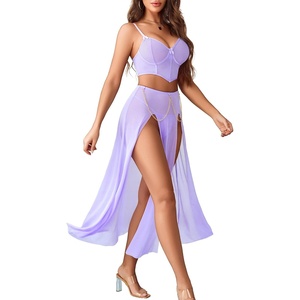 Avidlove Women Lingerie Babydoll Chemise 3 Piece Set Mesh Side Split Nightgown(Lilac)