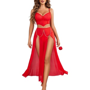 Avidlove Women Lingerie Babydoll Chemise 3 Piece Set Mesh Side Split Nightgown(Red)
