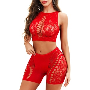 Avidlove Women Lingerie Fishnet Lingerie Set Two Piece Crop Top and Shorts Set(Red)