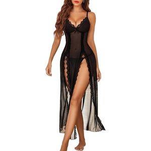 Avidlove Women Lingerie Lace Babydoll Chemise Sexy Mesh Nightdress V Neck Nightwear Side Split Nightgown(Black)