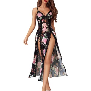 Avidlove Women Lingerie Lace Babydoll Chemise Sexy Mesh Nightdress V Neck Nightwear Side Split Nightgown(Black Floral)