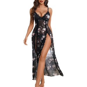 Avidlove Women Lingerie Lace Babydoll Chemise Sexy Mesh Nightdress V Neck Nightwear Side Split Nightgown(Black Flower)