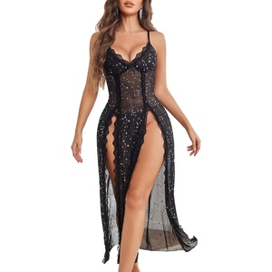 Avidlove Women Lingerie Lace Babydoll Chemise Sexy Mesh Nightdress V Neck Nightwear Side Split Nightgown(Black Glitter)