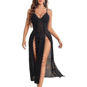 Avidlove Women Lingerie Lace Babydoll Chemise Sexy Mesh Nightdress V Neck Nightwear Side Split Nightgown(Black Leopard)