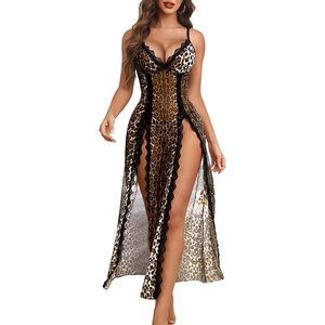 Avidlove Women Lingerie Lace Babydoll Chemise Sexy Mesh Nightdress V Neck Nightwear Side Split Nightgown(Black Leopard Print)