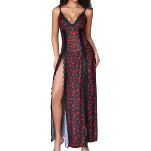 Avidlove Women Lingerie Lace Babydoll Chemise Sexy Mesh Nightdress V Neck Nightwear Side Split Nightgown(Black Love Heart Print)