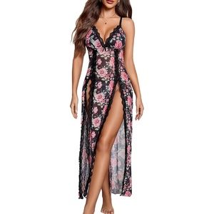 Avidlove Women Lingerie Lace Babydoll Chemise Sexy Mesh Nightdress V Neck Nightwear Side Split Nightgown(Black Rose Floral)