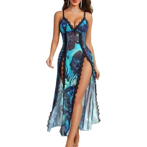 Avidlove Women Lingerie Lace Babydoll Chemise Sexy Mesh Nightdress V Neck Nightwear Side Split Nightgown(Blue Tie Dye)