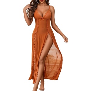 Avidlove Women Lingerie Lace Babydoll Chemise Sexy Mesh Nightdress V Neck Nightwear Side Split Nightgown(Caramel)