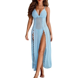 Avidlove Women Lingerie Lace Babydoll Chemise Sexy Mesh Nightdress V Neck Nightwear Side Split Nightgown(Light Blue)