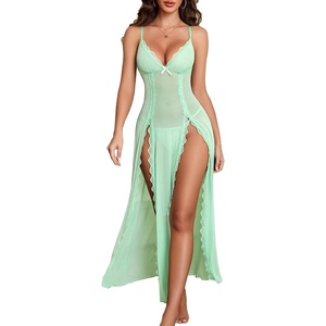 Avidlove Women Lingerie Lace Babydoll Chemise Sexy Mesh Nightdress V Neck Nightwear Side Split Nightgown(Light Green)