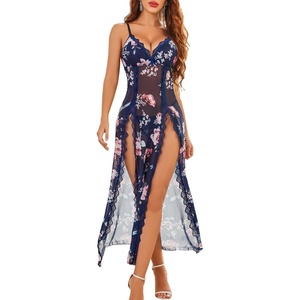Avidlove Women Lingerie Lace Babydoll Chemise Sexy Mesh Nightdress V Neck Nightwear Side Split Nightgown(Navy Blue Floral)