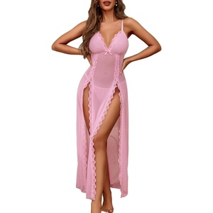 Avidlove Women Lingerie Lace Babydoll Chemise Sexy Mesh Nightdress V Neck Nightwear Side Split Nightgown(Pink)