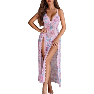 Avidlove Women Lingerie Lace Babydoll Chemise Sexy Mesh Nightdress V Neck Nightwear Side Split Nightgown(Pink Print)