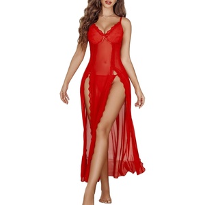 Avidlove Women Lingerie Lace Babydoll Chemise Sexy Mesh Nightdress V Neck Nightwear Side Split Nightgown(Red)