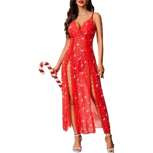 Avidlove Women Lingerie Lace Babydoll Chemise Sexy Mesh Nightdress V Neck Nightwear Side Split Nightgown(Red Christams Print)