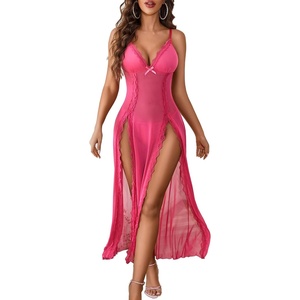 Avidlove Women Lingerie Lace Babydoll Chemise Sexy Mesh Nightdress V Neck Nightwear Side Split Nightgown(Rose Red)
