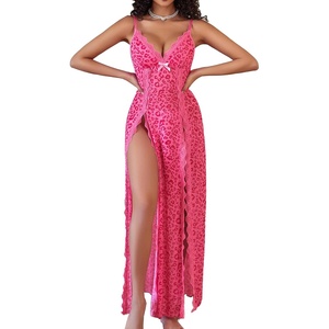 Avidlove Women Lingerie Lace Babydoll Chemise Sexy Mesh Nightdress V Neck Nightwear Side Split Nightgown(Rose Red Leopard Print)
