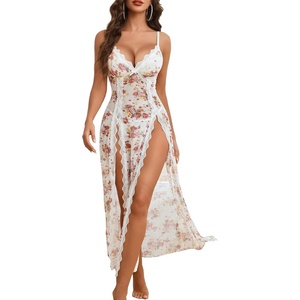 Avidlove Women Lingerie Lace Babydoll Chemise Sexy Mesh Nightdress V Neck Nightwear Side Split Nightgown(White Flower)