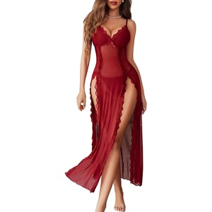 Avidlove Women Lingerie Lace Babydoll Chemise Sexy Mesh Nightdress V Neck Nightwear Side Split Nightgown(Wine Red)