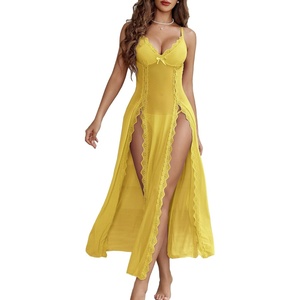 Avidlove Women Lingerie Lace Babydoll Chemise Sexy Mesh Nightdress V Neck Nightwear Side Split Nightgown(Yellow)