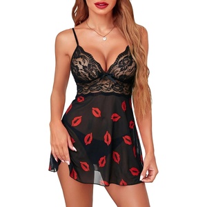 Avidlove Women Lingerie Lace Babydoll Strap Chemise Halter Teddy V Neck Sleepwear(Red Lips)