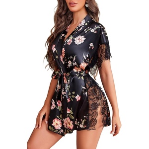 Avidlove Women Lingerie Robe Satin Sleepwear Eyelash Lace Kimono Side Split Sexy Silk Robes(Black Floral 2)