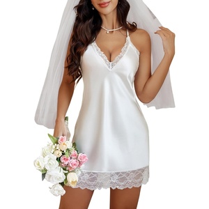 Avidlove Women Lingerie Satin Lace Chemise Nightgown V Neck Mini Babydoll Sexy Full Slips Sleepwear S-4XL(1white)