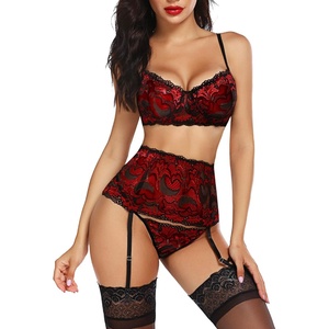 Avidlove Women Lingerie Set High Waisted Underwire Lingerie With Garter Belt Lace Babydoll(A-red)