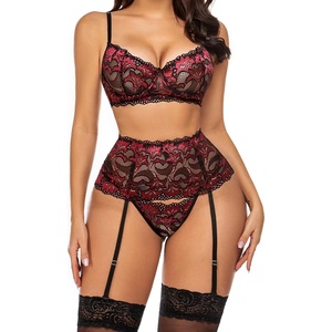 Avidlove Women Lingerie Set High Waisted Underwire Lingerie With Garter Belt Lace Babydoll(Dark Red)