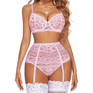 Avidlove Women Lingerie Set High Waisted Underwire Lingerie With Garter Belt Lace Babydoll(Pink)