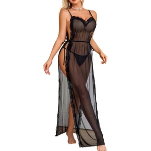 Avidlove Women Lingerie Sexy Nightgowns Lace Babydoll Mesh Sleepwear Long Lingerie Dress Side Split Nightdress S-XXL(Black)