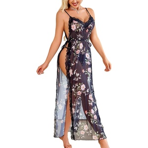 Avidlove Women Lingerie Sexy Nightgowns Lace Babydoll Mesh Sleepwear Long Lingerie Dress Side Split Nightdress S-XXL(Black Flower)