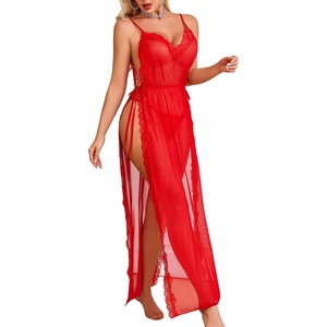 Avidlove Women Lingerie Sexy Nightgowns Lace Babydoll Mesh Sleepwear Long Lingerie Dress Side Split Nightdress S-XXL(Red)