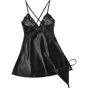 Avidlove Women Lingerie V Neck Sexy Nightwear Satin Sleepwear Lace Chemise Mini Babydoll Nightgown(Black02)