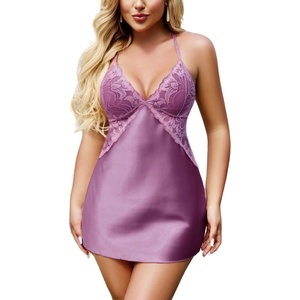 Avidlove Women Lingerie V Neck Sexy Nightwear Satin Sleepwear Lace Chemise Mini Babydoll Nightgown(Lilac)